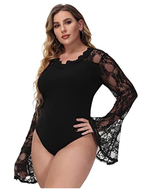 Hanna Nikole Women's Plus Size Sexy Long Bell Sleeve Bodysuit Snap Crotch Clubwear Lace Bodysuits Tops