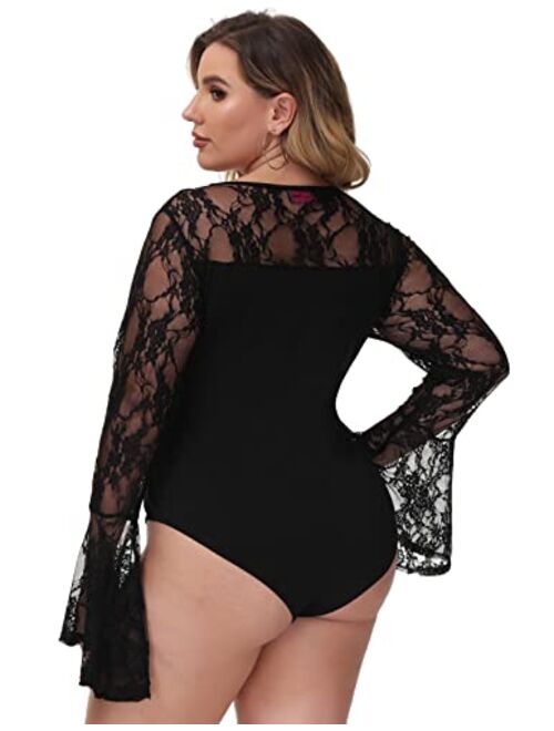 Hanna Nikole Women's Plus Size Sexy Long Bell Sleeve Bodysuit Snap Crotch Clubwear Lace Bodysuits Tops