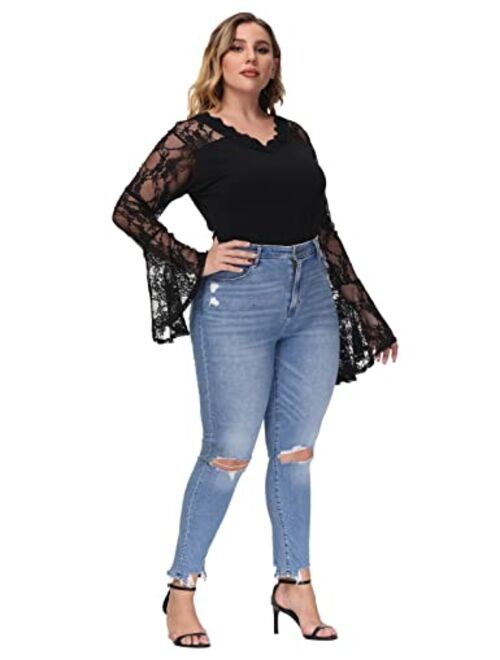 Hanna Nikole Women's Plus Size Sexy Long Bell Sleeve Bodysuit Snap Crotch Clubwear Lace Bodysuits Tops