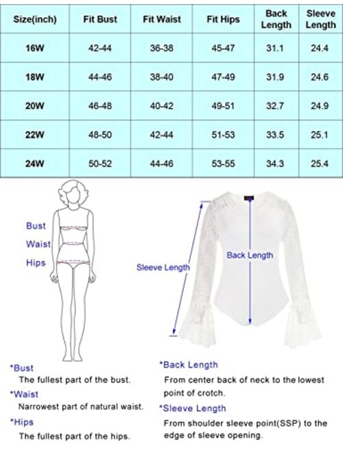 Hanna Nikole Women's Plus Size Sexy Long Bell Sleeve Bodysuit Snap Crotch Clubwear Lace Bodysuits Tops