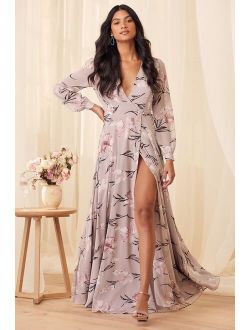 Loving You Dusty Purple Floral Print Long Sleeve Wrap Maxi Dress