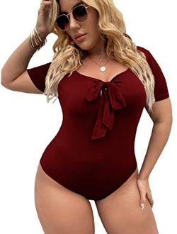 Women's Plus Solid Short Sleeve Sweetheart Tie Front Tee Shirt Bodysuit