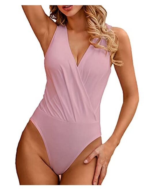 LINMON Women's Tank Top Bodysuit Surplice Ruched Plunge V Neck Sleeveless Stretchy Jumpsuit Leotards