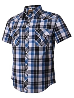 COEVALS CLUB Men's Western Plaid Pearl Snap Buttons Two Pockets Casual Short Sleeve Shirts