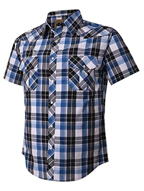 COEVALS CLUB Men's Western Plaid Pearl Snap Buttons Two Pockets Casual Short Sleeve Shirts