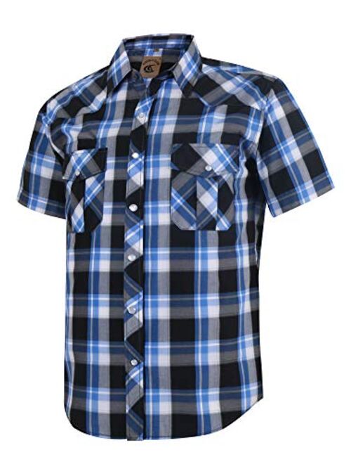 COEVALS CLUB Men's Western Plaid Pearl Snap Buttons Two Pockets Casual Short Sleeve Shirts