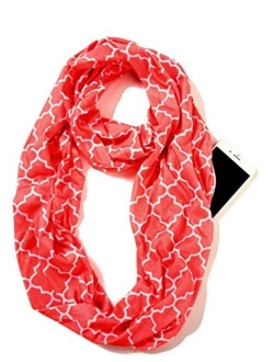 ELZAMA Infinity Loop Jersey Scarf with Hidden Zipper Pocket Printed Patterns for Women - Travel Wrap for Fall Winter