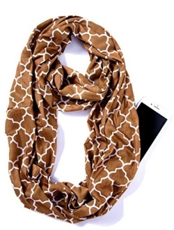 ELZAMA Infinity Loop Jersey Scarf with Hidden Zipper Pocket Printed Patterns for Women - Travel Wrap for Fall Winter