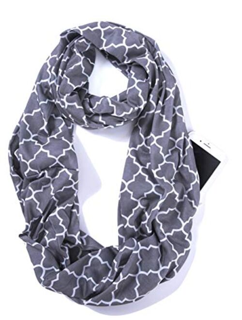 ELZAMA Infinity Loop Jersey Scarf with Hidden Zipper Pocket Printed Patterns for Women - Travel Wrap for Fall Winter