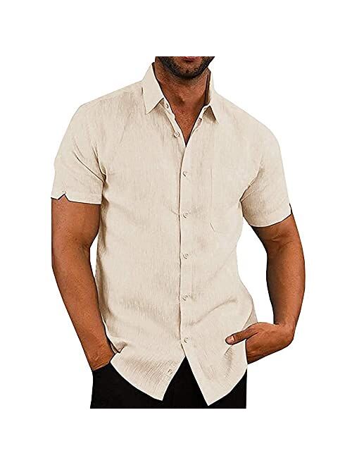 Evannitial Mens Linen Button Down Shirts Short Sleeve Cotton Casual Summer Beach Shirt Tops