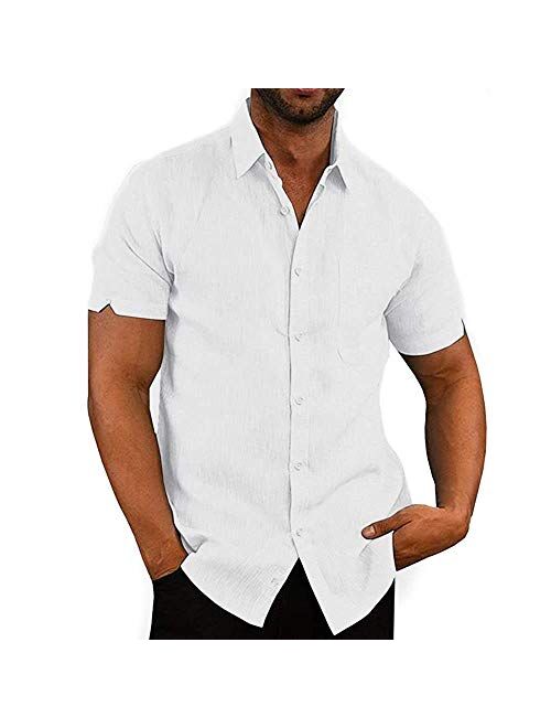 Evannitial Mens Linen Button Down Shirts Short Sleeve Cotton Casual Summer Beach Shirt Tops