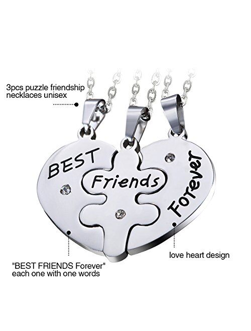 OIDEA Stainless Steel Sets of 3pcs Best Friends Forever Friendship Heart Puzzle Pendant Necklace,Silver,Gold,Black