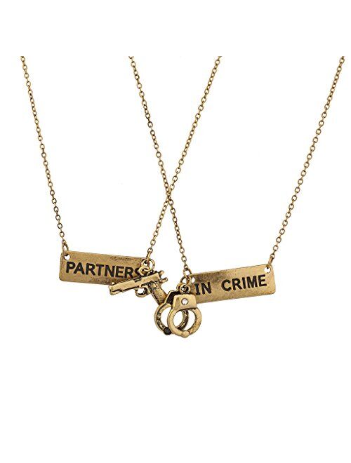 Lux Accessories Partners in Crime Handcuff Hand Cuff Gun BFF Best Friends Forever Matching Necklace Set