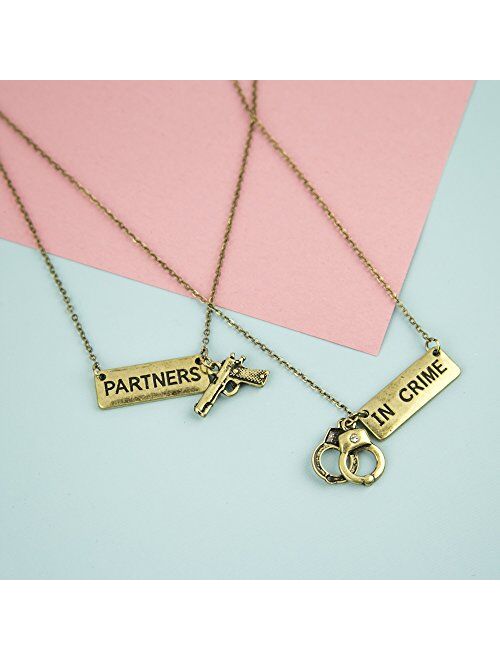 Lux Accessories Partners in Crime Handcuff Hand Cuff Gun BFF Best Friends Forever Matching Necklace Set