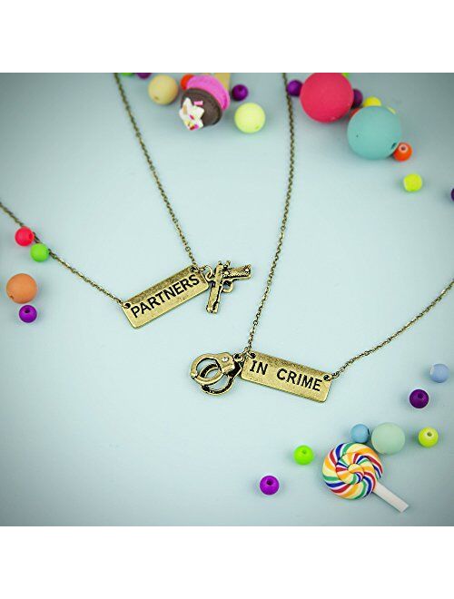 Lux Accessories Partners in Crime Handcuff Hand Cuff Gun BFF Best Friends Forever Matching Necklace Set