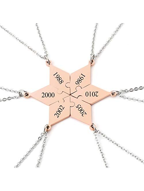 Zysta Personalized Star Hexagram Star Puzzle BFF Necklaces Engraving Puzzles Matching Pendant Jewelry for 6 Friends Families BFF Friendship Brothers Sisters Custom Gifts