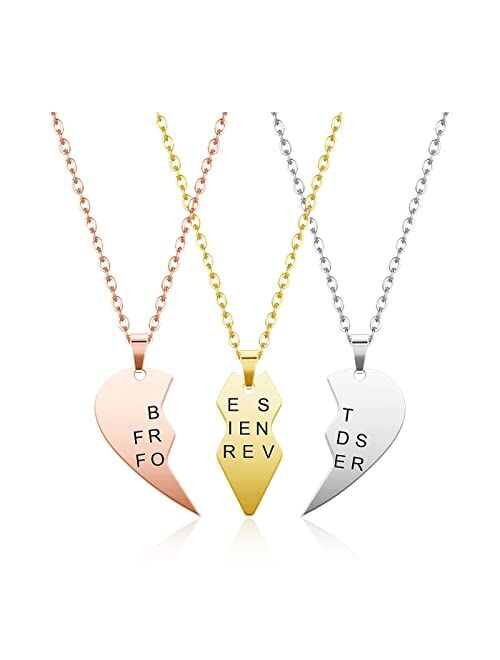 BOPREINA 3pcs Personalized Best Friends Forever BFF Necklace Stainless Steel Engraved Puzzle Heart Friendship Pendant Custom Name Matching Heart Necklaces Gift Set