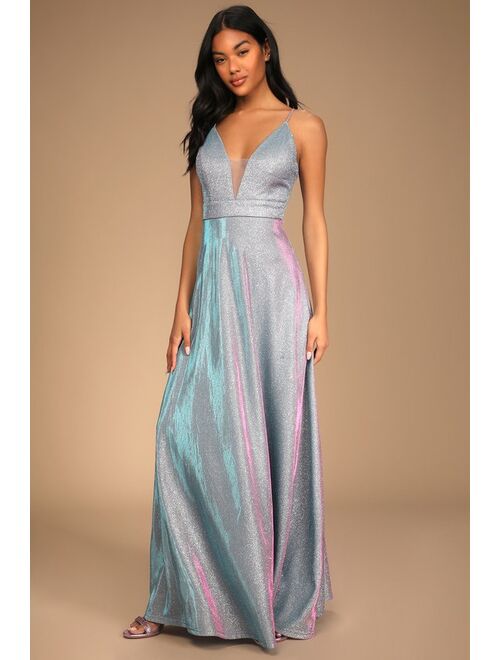 Lulus Party Night Shiny Light Blue Iridescent Maxi Dress