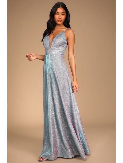 Lulus Party Night Shiny Light Blue Iridescent Maxi Dress