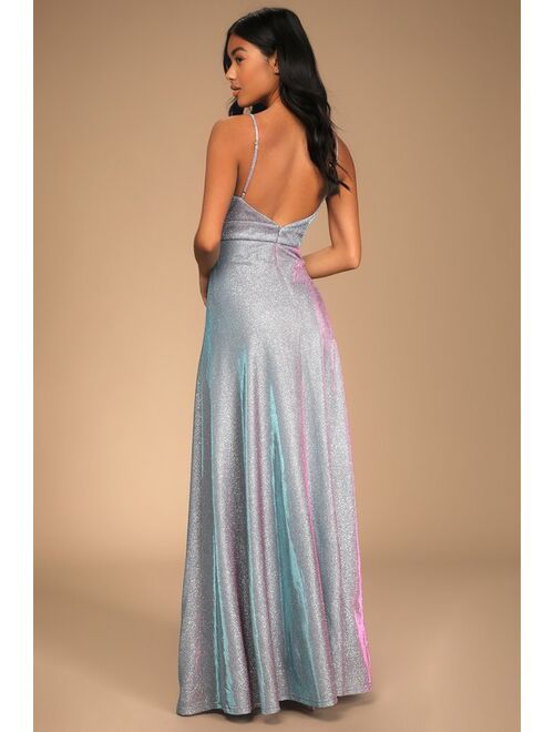 Lulus Party Night Shiny Light Blue Iridescent Maxi Dress