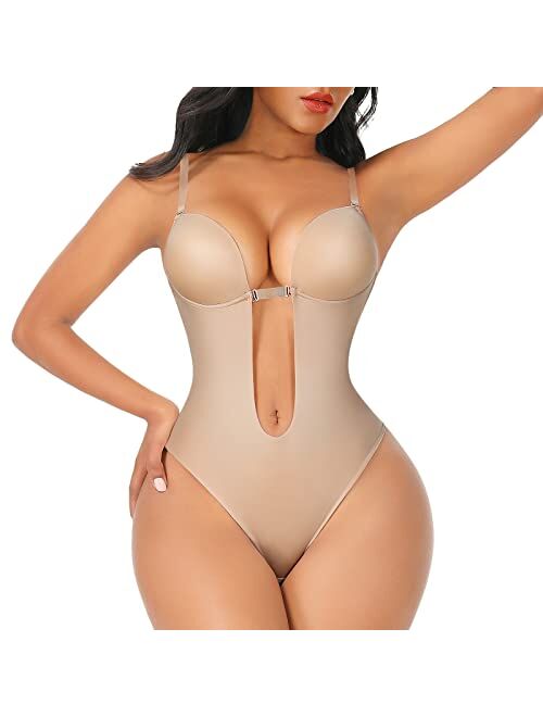 FeelinGirl Shapewear for Women Plus Size Backless Built-in Bra Body Shaper Seamless Faja with Open Crotch