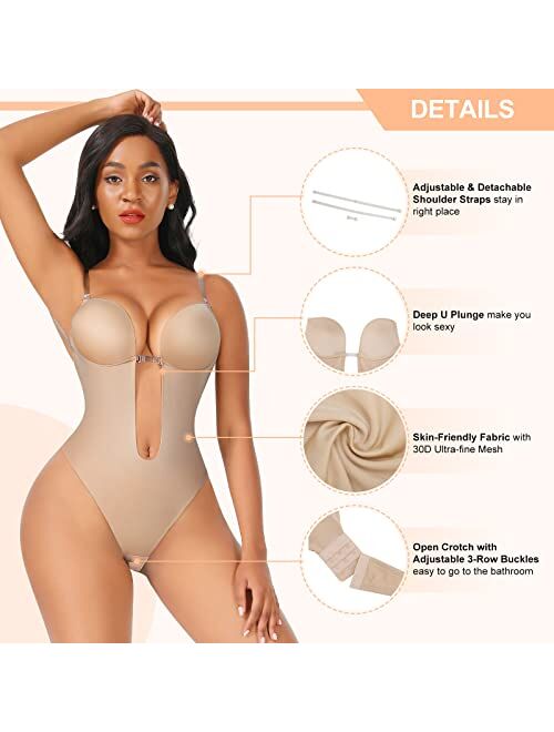 FeelinGirl Shapewear for Women Plus Size Backless Built-in Bra Body Shaper Seamless Faja with Open Crotch