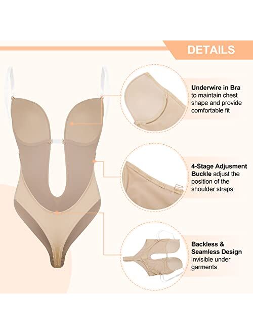 FeelinGirl Shapewear for Women Plus Size Backless Built-in Bra Body Shaper Seamless Faja with Open Crotch