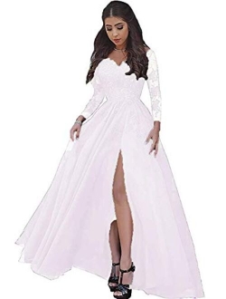 LastBridal Women Lace s Long Sleeves Prom Dress High Slit Evening Gowns Lb0076