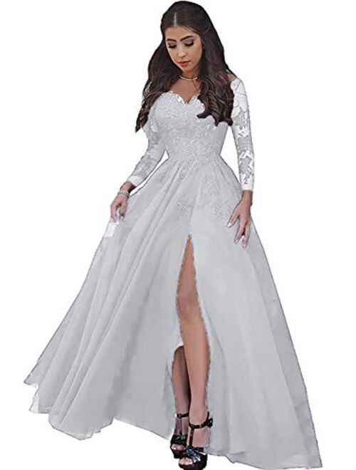 LastBridal Women Lace s Long Sleeves Prom Dress High Slit Evening Gowns Lb0076