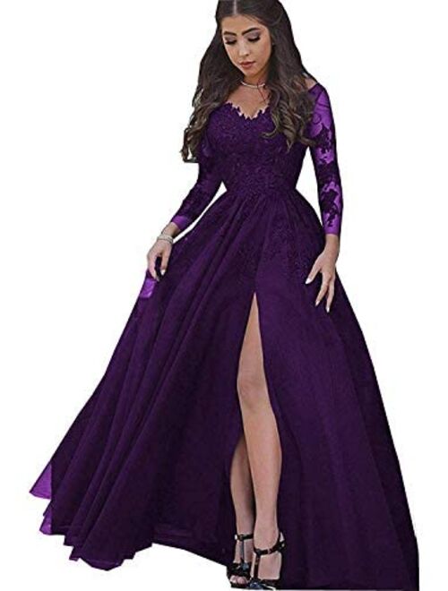 LastBridal Women Lace s Long Sleeves Prom Dress High Slit Evening Gowns Lb0076