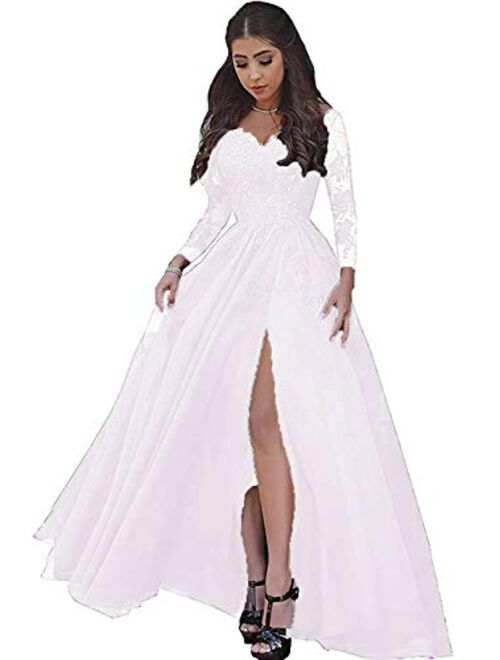 LastBridal Women Lace s Long Sleeves Prom Dress High Slit Evening Gowns Lb0076