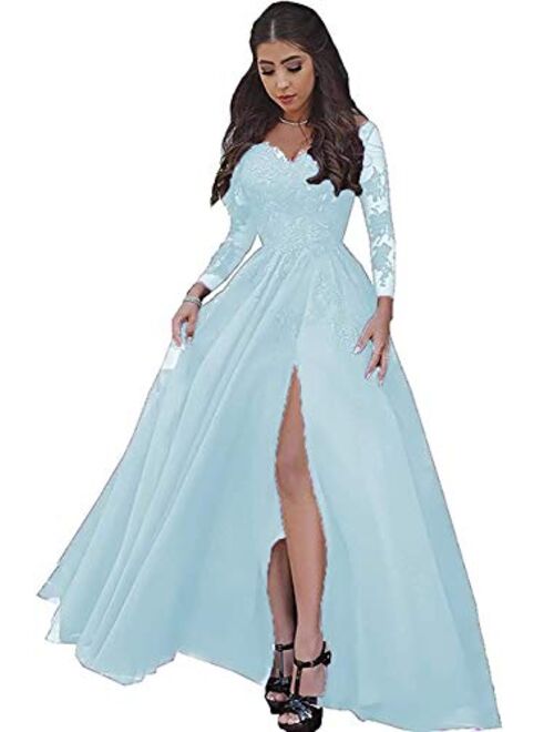 LastBridal Women Lace s Long Sleeves Prom Dress High Slit Evening Gowns Lb0076