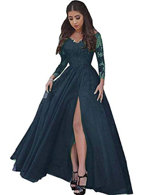 LastBridal Women Lace s Long Sleeves Prom Dress High Slit Evening Gowns Lb0076