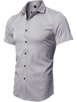 FLY HAWK Mens Dress Shirts, Fitted Bamboo Fiber Short Sleeve Elastic Casual Button Down Shirts