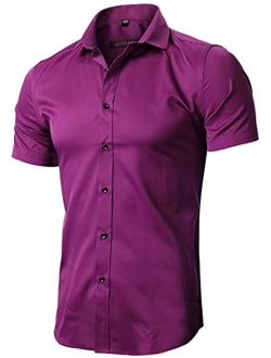 FLY HAWK Mens Dress Shirts, Fitted Bamboo Fiber Short Sleeve Elastic Casual Button Down Shirts