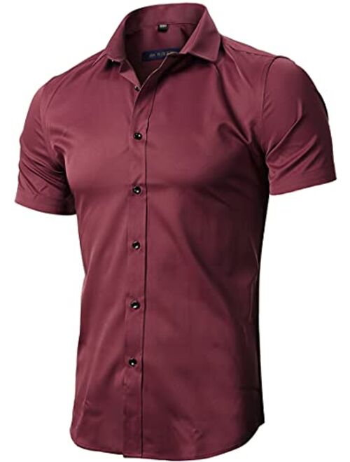 FLY HAWK Mens Dress Shirts, Fitted Bamboo Fiber Short Sleeve Elastic Casual Button Down Shirts