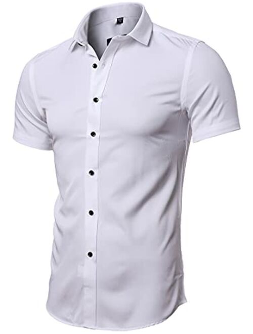 FLY HAWK Mens Dress Shirts, Fitted Bamboo Fiber Short Sleeve Elastic Casual Button Down Shirts