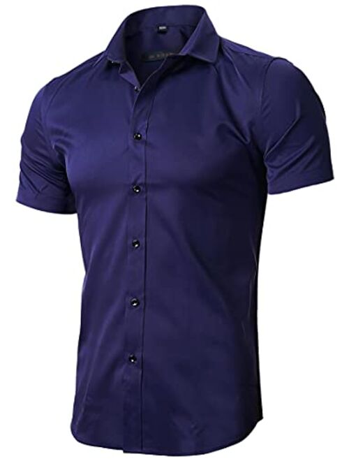 FLY HAWK Mens Dress Shirts, Fitted Bamboo Fiber Short Sleeve Elastic Casual Button Down Shirts