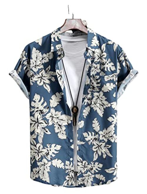 Romwe Men's Short Sleeve Hawaiian Shirt Tropical Print Casual Button Down Aloha Shirt