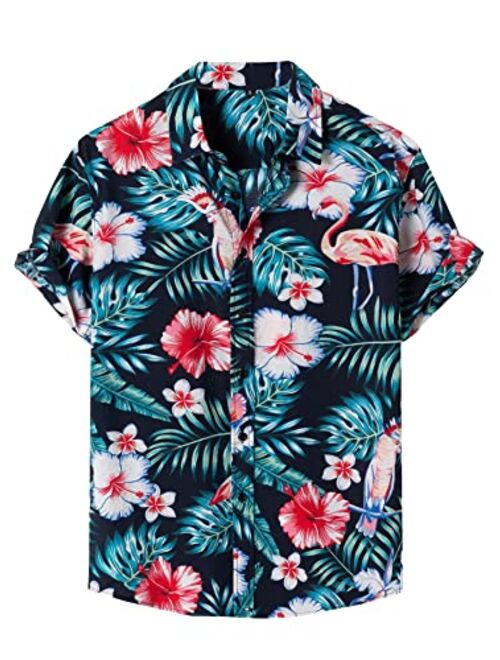 Romwe Men's Short Sleeve Hawaiian Shirt Tropical Print Casual Button Down Aloha Shirt