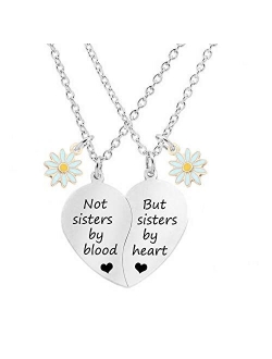 MJARTORIA BFF Necklace for 2-Split Valentine Heart Necklace Best Friends Not Sisters by Blood Daisy Pendant Friendship Necklace Set of 2 Gifts for Her