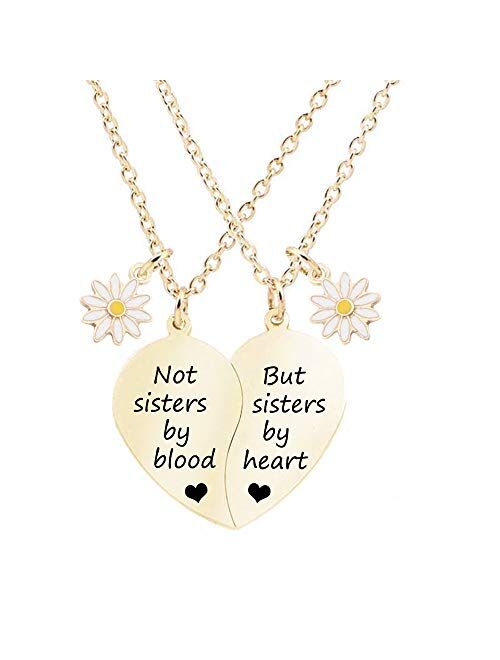 MJARTORIA BFF Necklace for 2-Split Valentine Heart Necklace Best Friends Not Sisters by Blood Daisy Pendant Friendship Necklace Set of 2 Gifts for Her