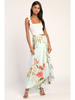 Superbly Stunning Sage Green Floral Print Satin Maxi Skirt