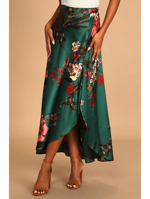 Lulus Superbly Stunning Sage Green Floral Print Satin Maxi Skirt