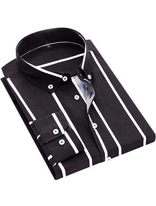 DOKKIA Men's Casual Business Long Sleeve Vertical Striped Slim Fit Dress Shirts