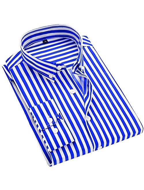 DOKKIA Men's Casual Business Long Sleeve Vertical Striped Slim Fit Dress Shirts