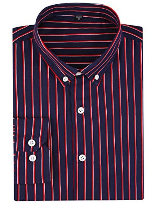 DOKKIA Men's Casual Business Long Sleeve Vertical Striped Slim Fit Dress Shirts