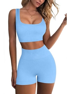 FAFOFA Workout Sets for Women 2 Piece Seamless Ribbed Crop Tank High Waist Shorts Yoga Outfits