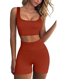 FAFOFA Workout Sets for Women 2 Piece Seamless Ribbed Crop Tank High Waist Shorts Yoga Outfits