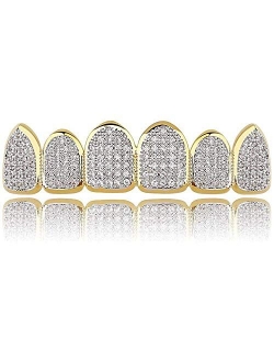 canjoyn 18K Gold Plated All Iced Out Luxury Cubic Zirconia Face Diamond Gold Teeth Grillz Set with Molding Bars Included for Men Women